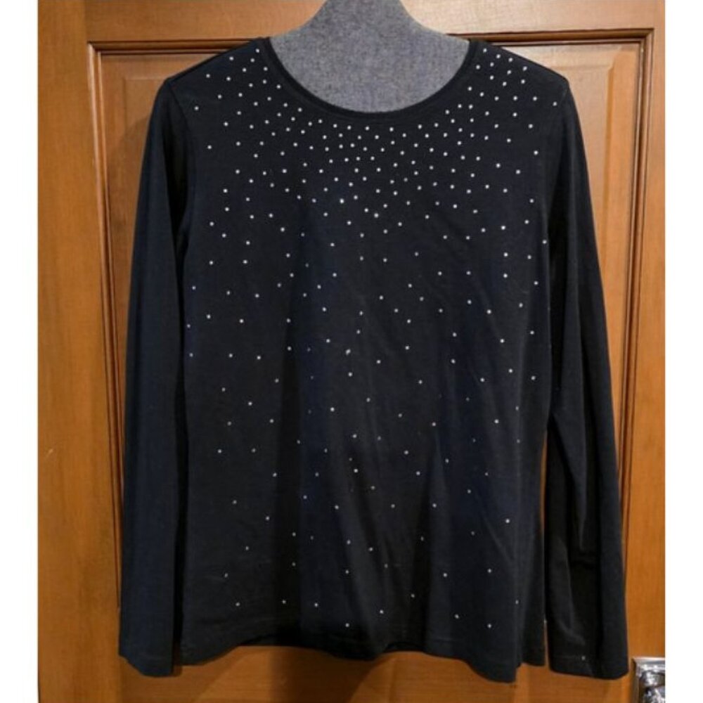 TALBOTS RHINESTONE BEDAZZELED BLACK LONG SLEEVE T-SHIRT SIZE S